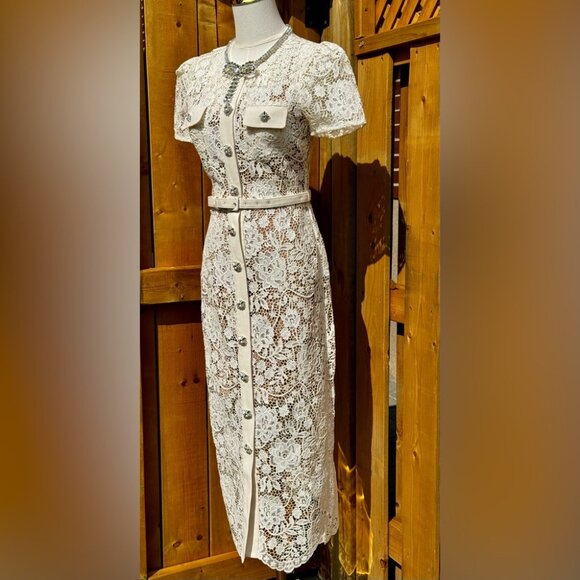 🆕 SELF-PORTRAIT 🧿 BNWOT Cream Lace Diamante Bow Midi Dress, Sz US 2 / UK 6 - Picture 4 of 16